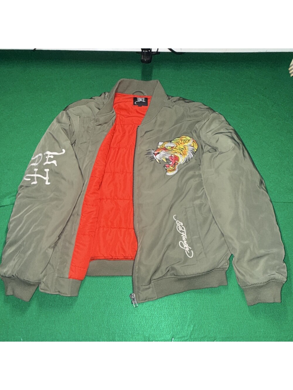 Vintage Ed Hardy NYC Skull Olive Green Bomber Jacket TIGER Embroidered Size L